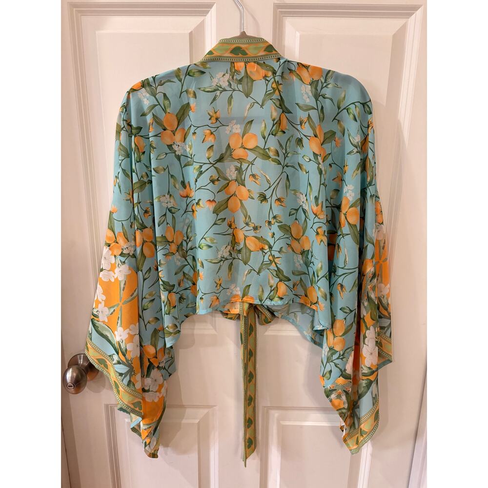 Anthropologie Pilcro Kimono Aqua Blue Lemon Print Lightweight Boho Beachy OS - Picture 3 of 15